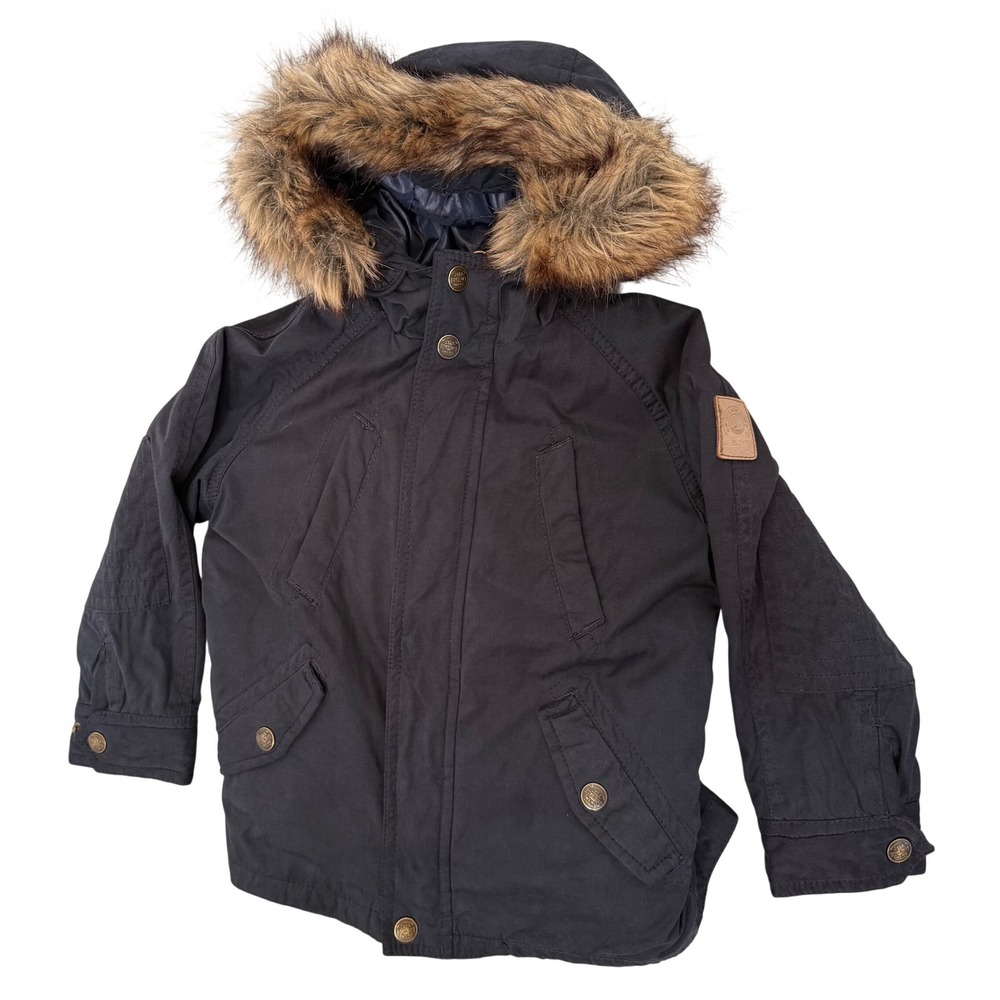 Zara Boys Winter Parka Coat 5/6 (116) Blue Fur Hood‎ Red Lined Warm Jacket